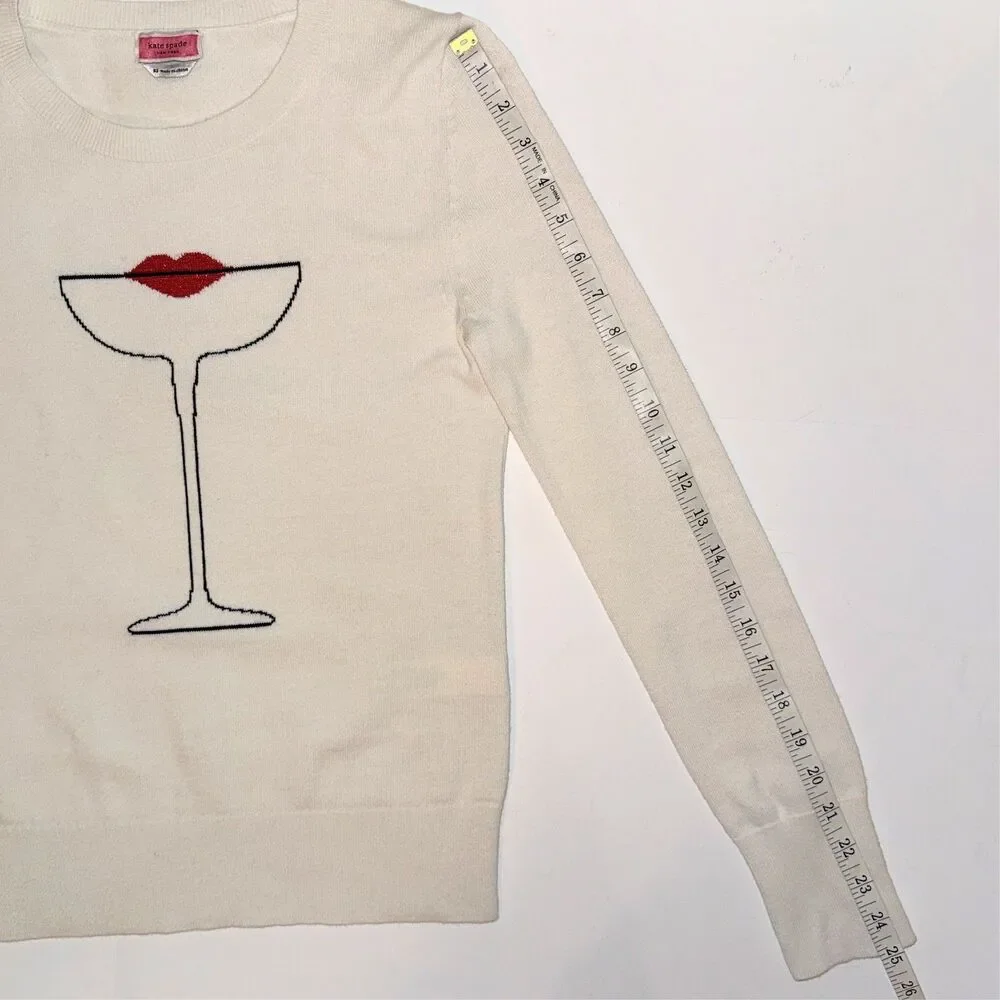Kate Spade Cocktail Kiss Sweater Cream Cotton Silk Knit Crewneck Pullover XS
